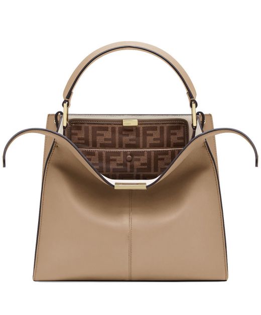 Faux Fendi Peekaboo X-lite Taupe Smooth Leather Interior FF Motif  Top Round Handle Gold Twist Lock Design Classic Ladies Tote Bag