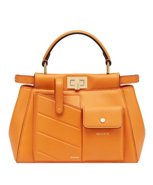 Discounted Orange Leather Top Handle Twist Lock Double Compartment Design Peekaboo Pocket—Fake Fendi Shoulder Bag For Ladies