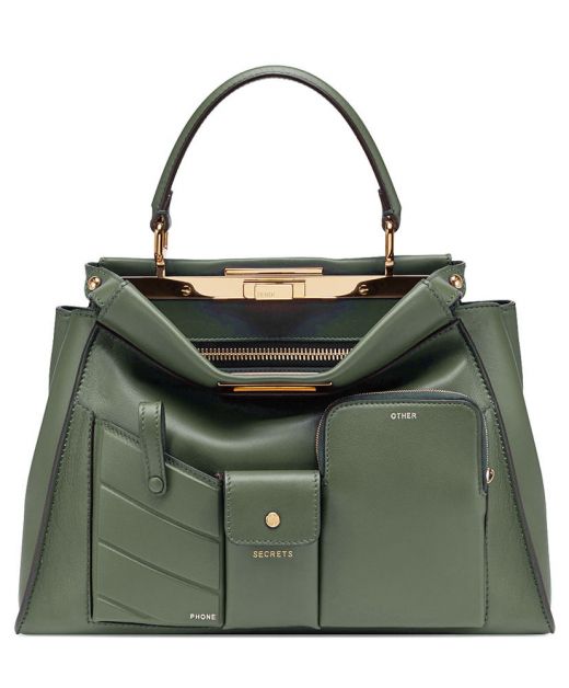 Best Site Green Leather Top Handle Double Compartment Gold Twist Lock Peekaboo Pocket—Replica Fendi Women'S Medium Tote Bag