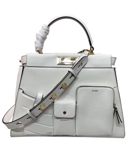 Replica Fendi Peekaboo Pocket Women'S White Leather Two Side Twist Lock Double Compartment Gold Hardware Top Handle Bag