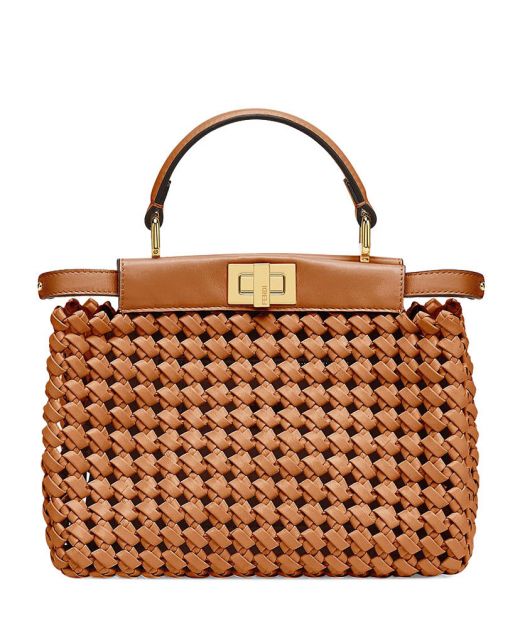 Low Price Brown Leather Weave Sides Gold Plated Twist Lock Top Handle Peekaboo Iconic—Replica Fendi Women'S Mini Tote Bag
