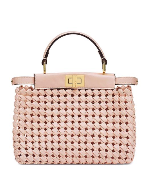 For Sale Pale Pink Leather Woven Cutout Double Sided Gold Twist Lock Design Peekaboo Iconic—Fake Fendi Mini Tote For Ladies