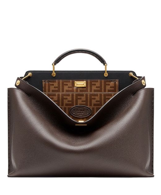 Chic Brown Leather Gold Hardware Double Sided Twist Lock Top Snap Belt Peekaboo Iconic—Essential Replica Fendi Women'S Top Handle Bag
