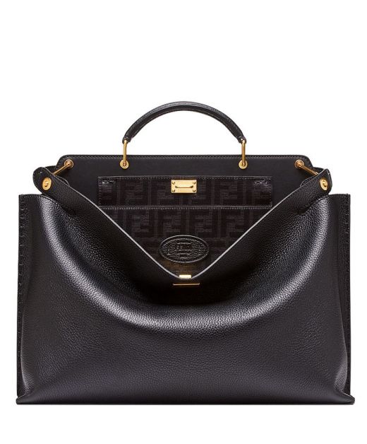 Imitated Fendi Eekaboo Iconic Essential Black Leather Cutout Design Top Handle Double Gold Side Twist Lock Design Briefcase For Ladies