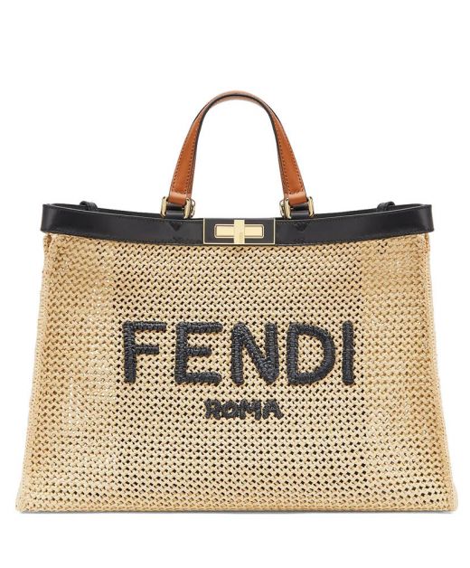 Hot Selling Beige Woven Black Logo Top Handle Gold Twist Lock Peekaboo X-Tote—Copy Fendi Women'S Casual Bag