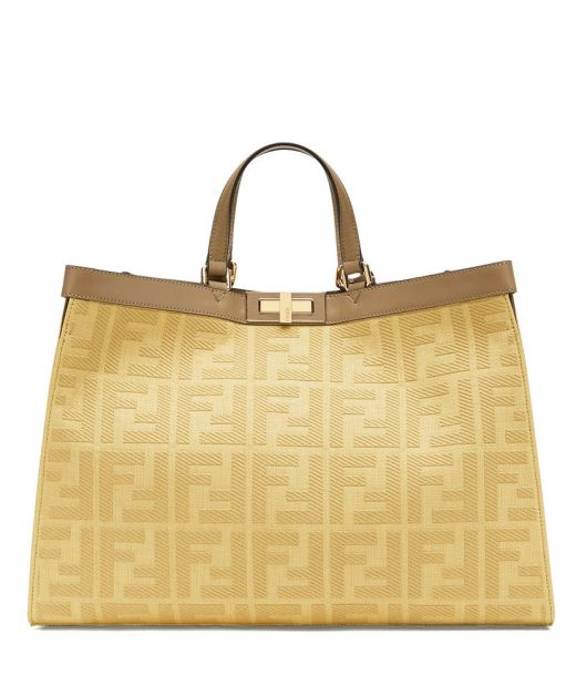 Replica Fendi Peekaboo X-Tote Yellow FF Embroidered Canvas Gold Twist Lock Top Leather Trim Shoulder Bag For Ladies