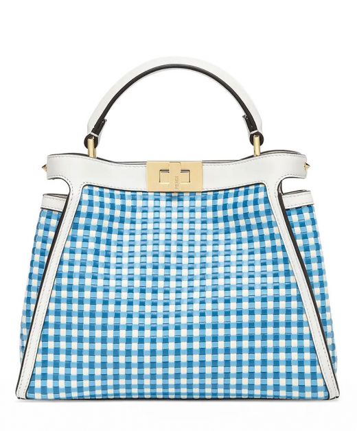 Fake Fendi Peekaboo Iconic Essentially Women'S Blue White Woven Design Leather Trim Top Gold Twist Lock Shoulder Bag