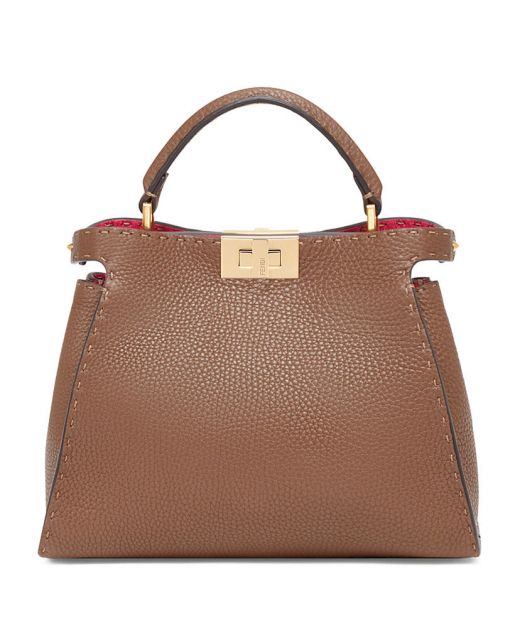 Hot Selling Brown Grain Leather Gold Twist Lock Stitch Detail Peekaboo Iconic—Fake Fendi Classic Tote For Ladies