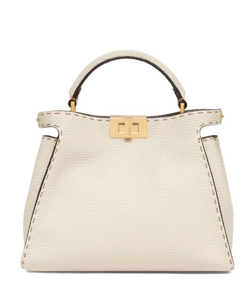 Best White Leather Top Handle Stitch Details Gold Twist Lock Peekaboo Iconic—Replica Fendi Women'S Classic Bag