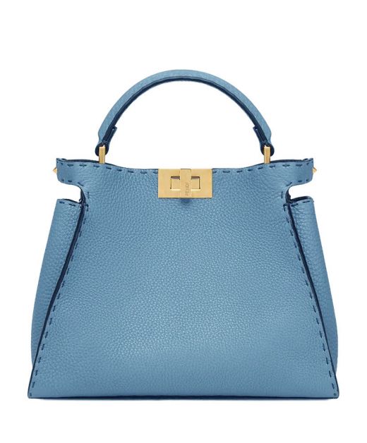Light Blue Leather Stitched Edge Top Snap Belt Gold Twist Lock Peekaboo Iconic Essentially Fake Fendi Women's Simple Bag