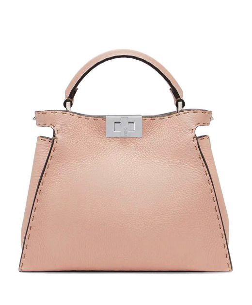 Classic Pink Leather Top Handle Silver Double Side Twist Lock Peekaboo Iconic Essentially—Fake Fendi Shoulder Bag for Gentle Girls