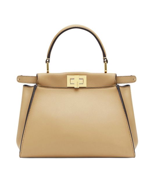 Best Quality Light Brown Leather Both Side Twist Lock Design Top Handle Gold Hardware Peekaboo Iconic—Replica Fendi Elegant Mini Ladies Bag