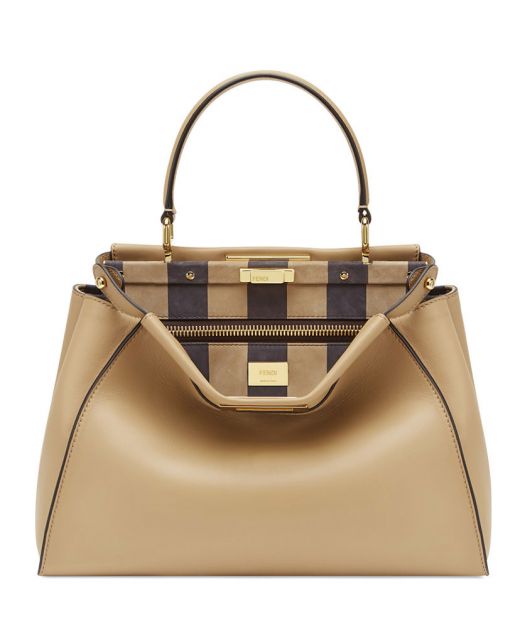 Top Medium Light Brown Leather Gold Both Side Twist Lock Single Top Handle Peekaboo Iconic—Faux Fendi Shoulder Bag For Female