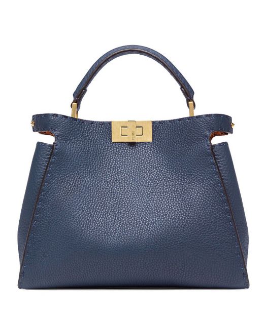 Chic Blue Grained Leather Suture Detail Top Handle Both Side Twist Lock Gold Hardware Peekaboo Iconic—Clone Fendi Soft Shoulder Bag For Ladies