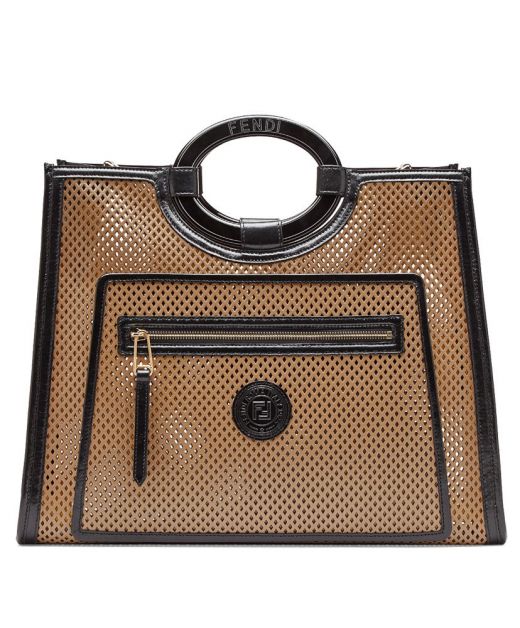 For Sale Camel Cutout Leather Black Appliqué Trim Top Round Handle Runaway—Replica Fendi Ladies Shopper Bag