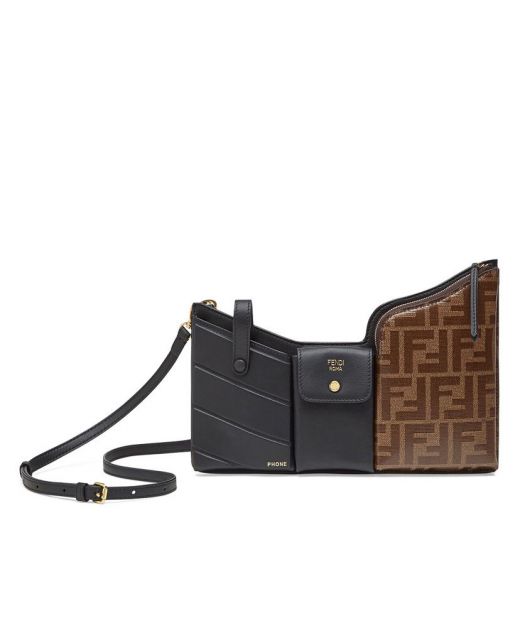 Best Website Black Leather Snap Closure Gold FF Pattern Brown Zipper Design Three Pockets—Fake Fendi Mini Crossbody Bag