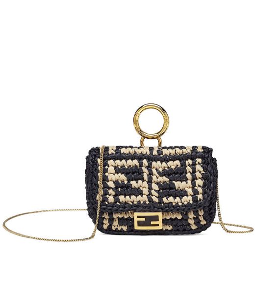 Imitated Fendi Nano Baguette Raffia Woven Black Background Beige FF Pattern Gold Clip Clasp Flap Mini Women's Bag