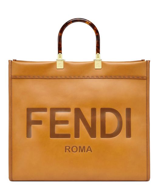Fake Fendi Sunshine Brown Leather Fendi Roma Pattern Tortoiseshell Handle Ladies Shopping Bag