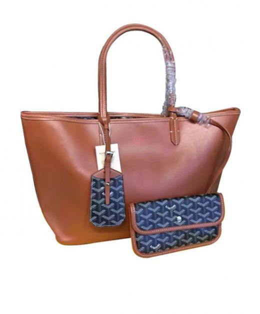 High End Replica Oversized Goyard Brown Leather Exterior & Blue Herringbone Canvas Interior Reversible Handle Bag