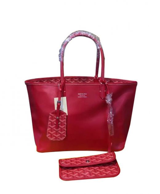 Popular Women's Faux Goyard Grand Bleu Red Leather & Herringbone Pattern Canvas Material Reversible Usage Medium Tote Bag