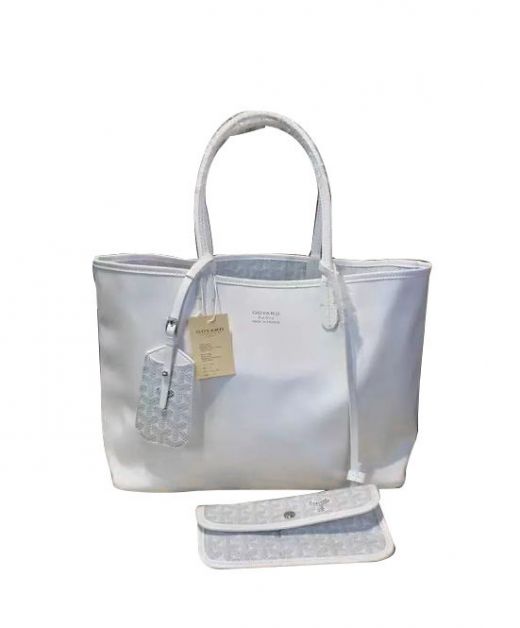 Ladies' Faux Goyard White Leather & Grey Chevron Canvas Reversible Usage Luggage Tag & Detachable Pochette Oversized Tote Bag