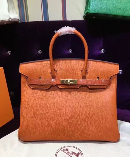 Spring Fashion Birkin 30 Orange Grainy Cowhide Leather Gold Hardware Trun Buckle - Imitation Hermes Women's Round Handles Flap Bag