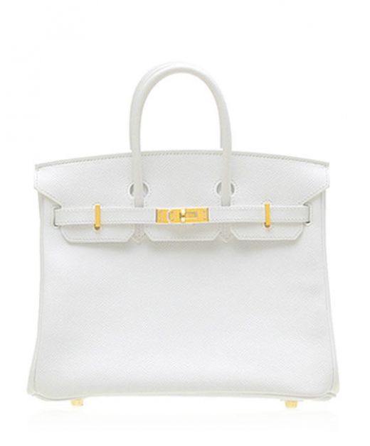 Faux Hermes Birkin 25 Yellow Gold Plated Hardware Belt & Turn Lock Detail Female Flap Design White Leather Tote Bag