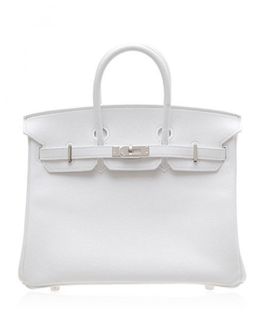 New Style Women's Birkin 25 White Cowhide Leather Polished Silver Tone Turn Lock Blet Strap Design - Fake Hermes Round Handles Flap Bag