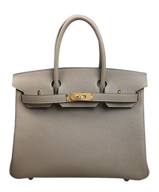 High Quality Birkin 25 Front Flap Yellow Gold Hardware Belt Detail - Replica Hermes Light Grey Togo Leather Turn Lock Tote Bag