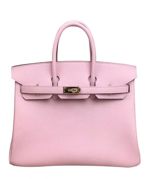 Sweet Style Pink Togo Leather Yellow Gold Plated Hardware Belt Detail Birkin 25 - Faux Hermes Women's Turn Lock Flap Bag