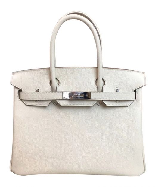Fake Hermes Birkin 30 Silver Tone Hardware White Epsom Leather Round Double Handles Fancy Flap Female Touch Bag For Sale