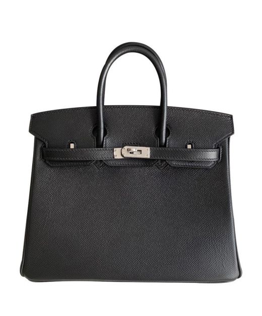 Hot Selling Birkin 25 Black Epsom Leather Silver Tone Turn Lock Flap Style - Replica Hermes Double Top Handles Ladies Handbag