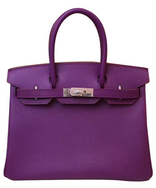 Spring Popular Silver Hardware Purple Epsom Leather Turn Lock Belt Strap Two Round To Handles - Imitated Hermes Birkin 35 Women's Flap Bag