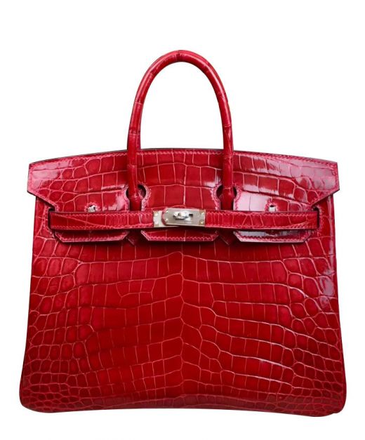Fake Hermes Birkin 25 Red Crocodile Leather Silver Turn Lock Belt Strap Detail Double Round Top Handles Lady Flap Bag