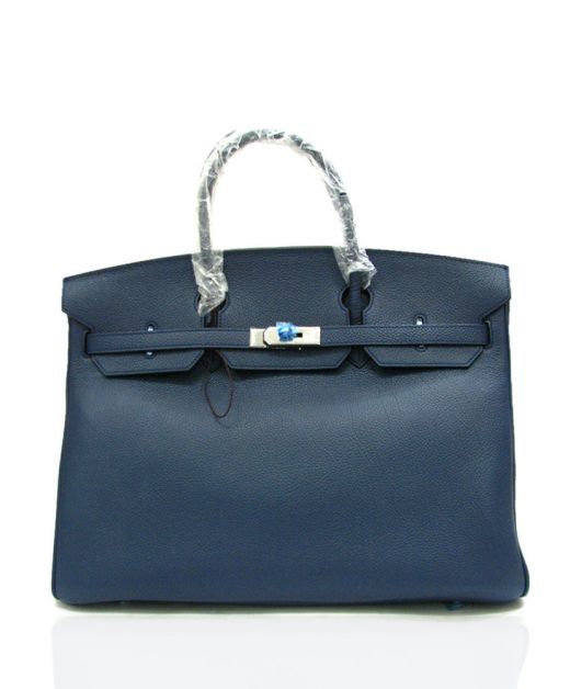 Best Price Hermes Birkin 40 Dark Blue Cowhide Leather Silver Hardware Fancy Flap - Replica Belt Strap Turn Lock Women's Handbag