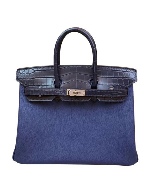 Low Price Crocodile Skin Blue Togo Leather Palladium Finished Double Top Handles - Fake Hermes Birkin 25 Women's Touch Bag