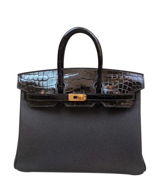 High End Birkin 25 Crocodile Skin Classic Tote Leather Yellow Gold Hardware - Replica Hermes Black Double Top Handles Bag