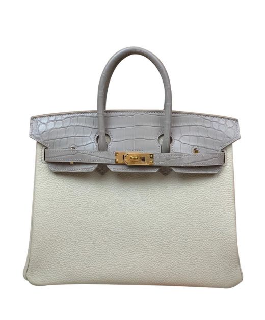 Spring Latest Grey Crocodile Skin Front Flap Yellow Gold Turnlock Lady Birkin 25 - Imitation Hermes Togo Leather Tote Bag For Ladies