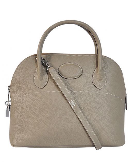Imitation Hermes Bolide Double Rounded Handle Arched Top Padlock Detail Light Grey Veins Leather Zipper Bag
