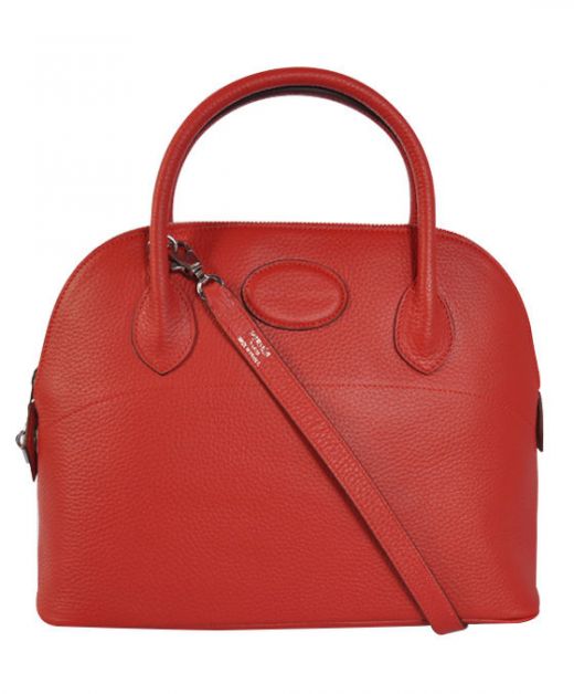 Fake Hermes Bolide Red Cowhide Leather Arched Top Double Top Handles Female Zipper Shoulder Bag Online