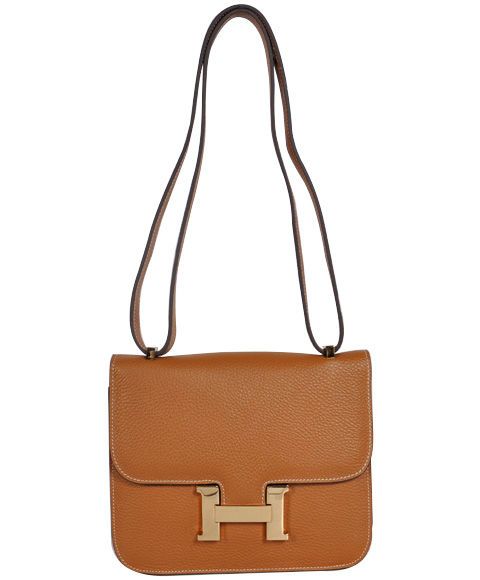 High Quality 23cm Vintage Constance Brown Cowhide Leather Oversized Flap Design - Clone Hermes Ladies Golden H Style Snap Button Shoulder Bag