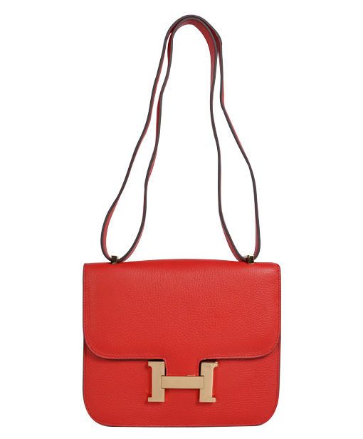 Hot Selling Vintage Constance Red Cowhide Leather Yellow Gold H Shaped Plaque - Fake Hermes Flap Design Crossbody Bag 23CM