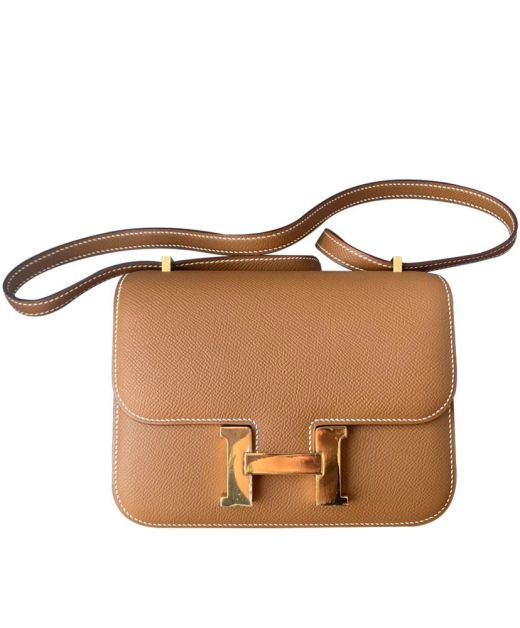 Faux Hermes Women's Vintage Constance Golden Hardware H-Shaped Snap Button Brown Feu Epsom Leather Flap Bag 19CM
