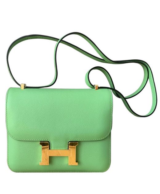 Imitation Hermes Constance Candy Green Epsom Leather Flap Design Women's Golden H Snap Button Closure Shoulder Bag
