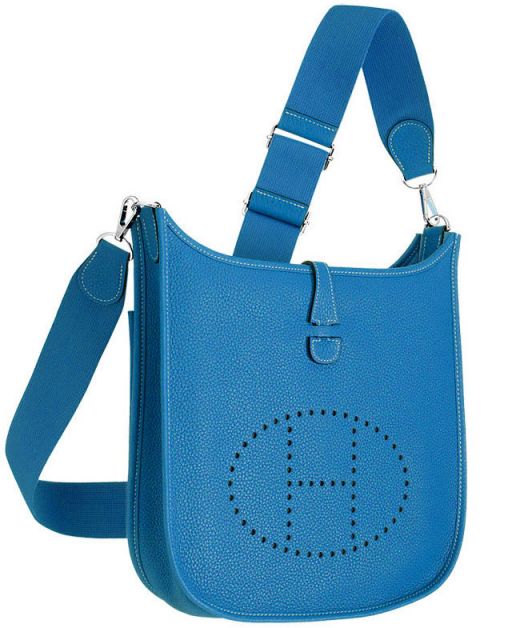 Replica Hermes Tan Evelyne Female 17CM H Perforated Decoration Slim Flap Blue Togo Leather II TPM Shoulder Bag
