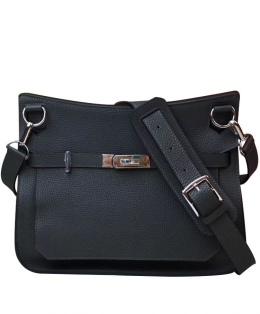 High Quality Women's Jypsiere Black Togo Leather Silver Turn Lock Detail - Faux Hermes Blet Strap Flap Bag