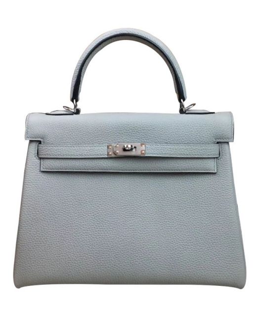 Low Price Kelly 25cm Grey Blue Leather Silver Hardware Turn Lock Detail - Replica Hermes Belt Strap Women's Shoulder Bag