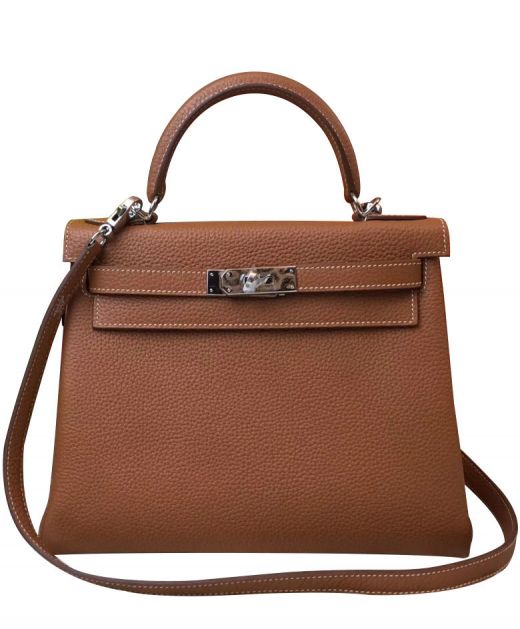 Trendy Style Kelly 25 Single Top Handle Silver Tone Hardware - Faux Hermes Light Tan Cowhide Leather Female Flap Bag
