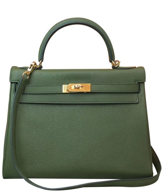 Faux Hermes Dark Green Togo Leather Golden Hardware Belt Strap Turn Lock Lady Single Top Handle Women's Flap Bag