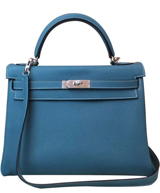 Fashion Kelly 28 Marine Blue Togo Leather Silver Hardware Rolled Top Handle - Fake Hermes Flap Design Female Shoulder Bag